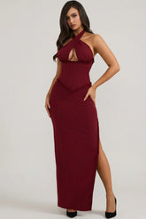 Halterneck Lace Up Corset Maxi Dress in Berry Red