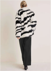 Zebra Print Faux Fur Coat White Multi