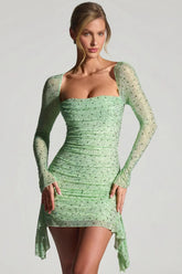Embellished Draped Cowl Neck Mini Dress in Pistachio