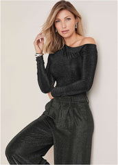 Glitter Knit One Shoulder Top Jet Black Glitter Knit