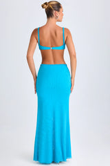 Ruffle Appliqué Cut Out Maxi Dress in Aqua Blue