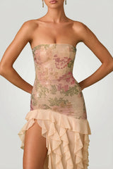 Embellished Ruffle Trim Strapless Gown in Rose Hotfix