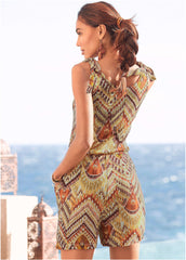 Tie Shoulder Romper Brown Multi