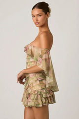 Off Shoulder Ruffled Mini Dress in Floral Multi Print