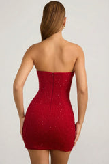 Embellished Strapless Cowl Neck Mini Dress in True Red