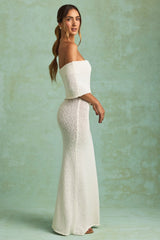 Bouclé Off Shoulder Maxi Dress in White