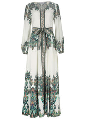 Tie Waist Linen Maxi Dress White Multi