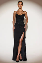 Embellished Cowl Neck Ruffled Gown Dress in Black