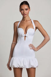 Bow Detail Halterneck Bubble Hem Mini Dress in White