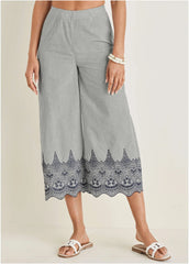 Pinstripe Eyelet Crop Pants Black Ecru