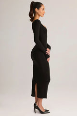 Modal Peekaboo Long Sleeve Midi Dress in Black