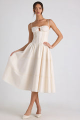 Lace Trim Pintucked Poplin Midaxi Dress in Ivory