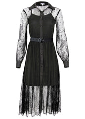 Lace Belted Midi Dress Jet Black