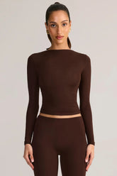 Modal Ruched Long Sleeve Top in Chocolate Brown