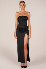 Bandeau Draped Thigh High Maxi Dress in Black