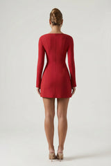 Sweetheart Neck Long Sleeve A Line Mini Dress in Red