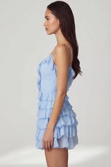 Ruffled Lace Up A Line Mini Dress in Powder Blue