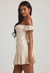 Off Shoulder Lace A Line Mini Dress in Ivory
