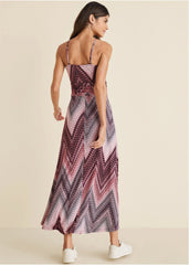 Gathered Waist Maxi Dress Burgundy Multi