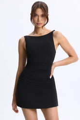 Modal Ruched A Line Micro Mini Dress in Black
