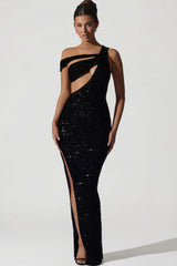 Embellished Asymmetric Cut Out Gown in Black