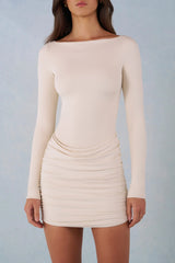 Modal Boat Neck Draped Long Sleeve Mini Dress in Ivory