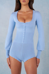 Knit Long Sleeve Romper in Soft Blue