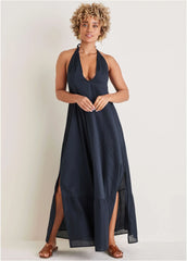 Deep V Halter Maxi Dress Navy