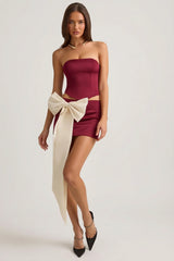 Satin Bow Detail Low Rise Mini Skirt in Wine Red