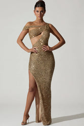Embellished Asymmetric Cut Out Gown in Gold
