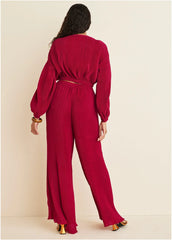 Plisse Wide Leg Pants Red