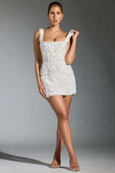 Floral Appliqué Square Neck Corset Mini Dress in White