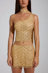 Embellished Asymmetric Scarf Detail Top in Gold