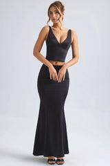 Mid Rise Fishtail Maxi Skirt in Black