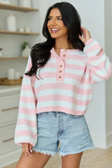 Gillian Pink And Ivory Striped Henley Knit Sweater