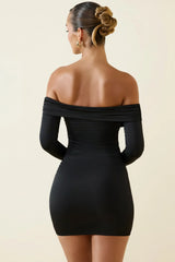 Off Shoulder Ruched Bodycon Mini Dress in Black