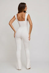Plunge Neck Ruched Waist Jumpsuit in White