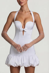 Bow Detail Halterneck Bubble Hem Mini Dress in White