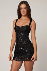Embellished A line Mini Dress in Black