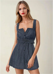 Casual Linen Romper Navy Dot Stripe