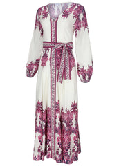 Tie Waist Linen Maxi Dress Pink Boho Paisley Border