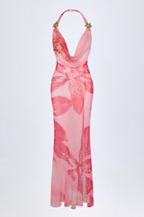Cowl Neck Hardware Detail Maxi Dress in Pink Orchid Print