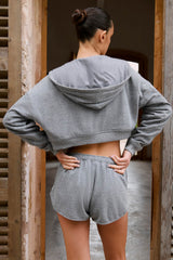 Terry Cotton Zip Up Cropped Hoodie in Dark Grey