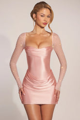 Embellished Long Sleeve Draped Mini Dress in Blush Pink