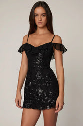 Embellished Lace Up A Line Mini Dress in Black