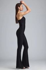 Metallic Ruched Cut Out Flared Jumpsuit in Black