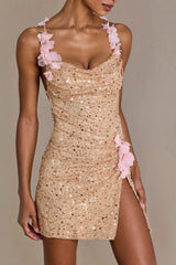 Embellished Open Back Mini Dress in Gold