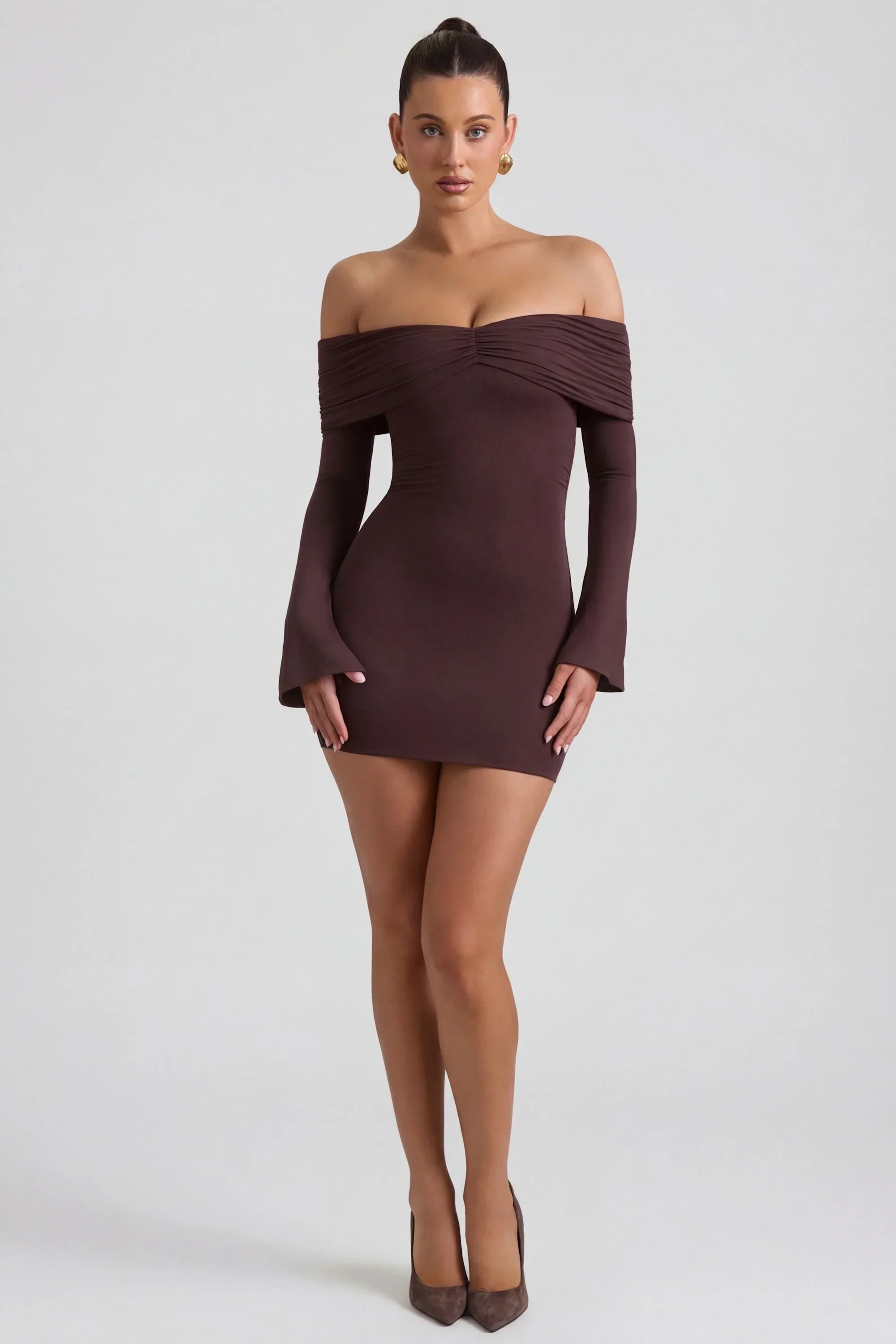 Modal Cashmere Blend Off Shoulder Ruched Mini Dress in Espresso