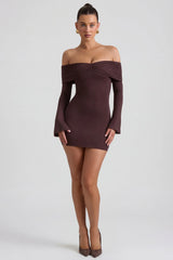 Modal Cashmere Blend Off Shoulder Ruched Mini Dress in Espresso