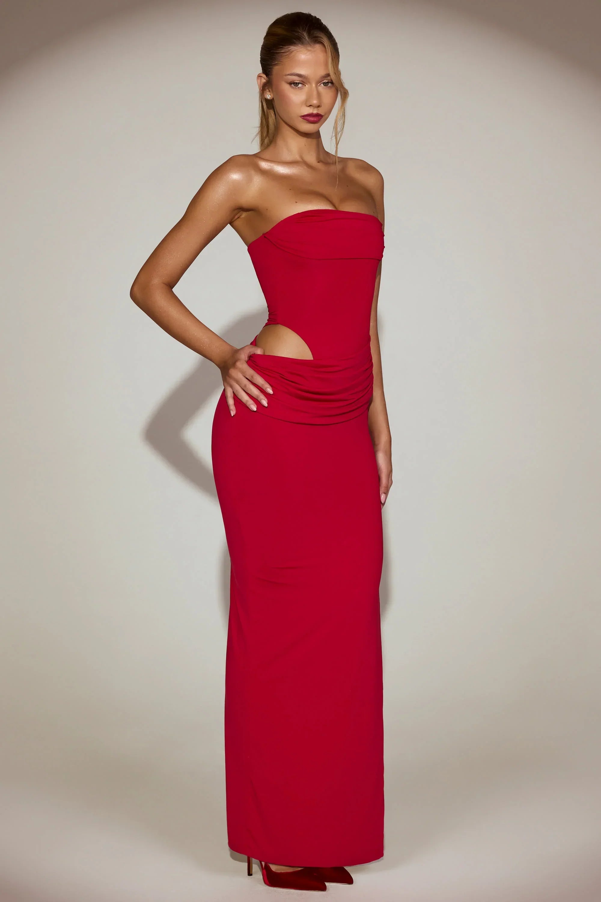 Soft Jersey Bandeau Cut Out Maxi Dress in True Red